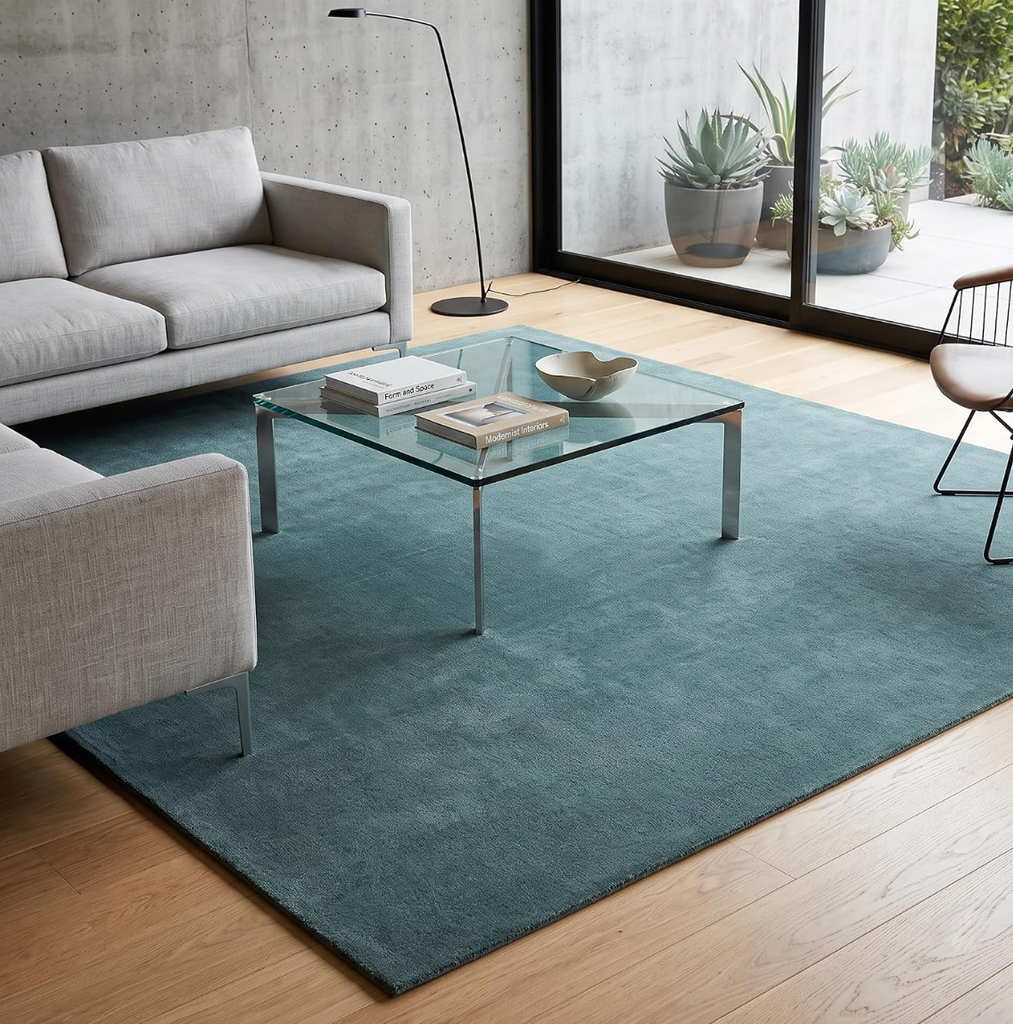 Hand-tufted natural green wool rug for non-toxic ocean nursery decor