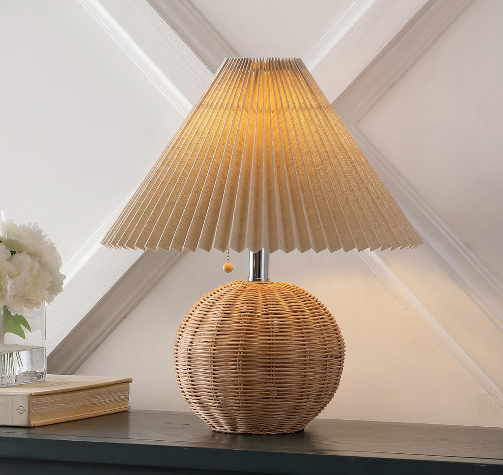 Woven rattan sphere table lamp with linen shade