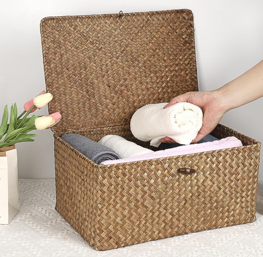 lidded hand-woven seagrass nursery storage basket