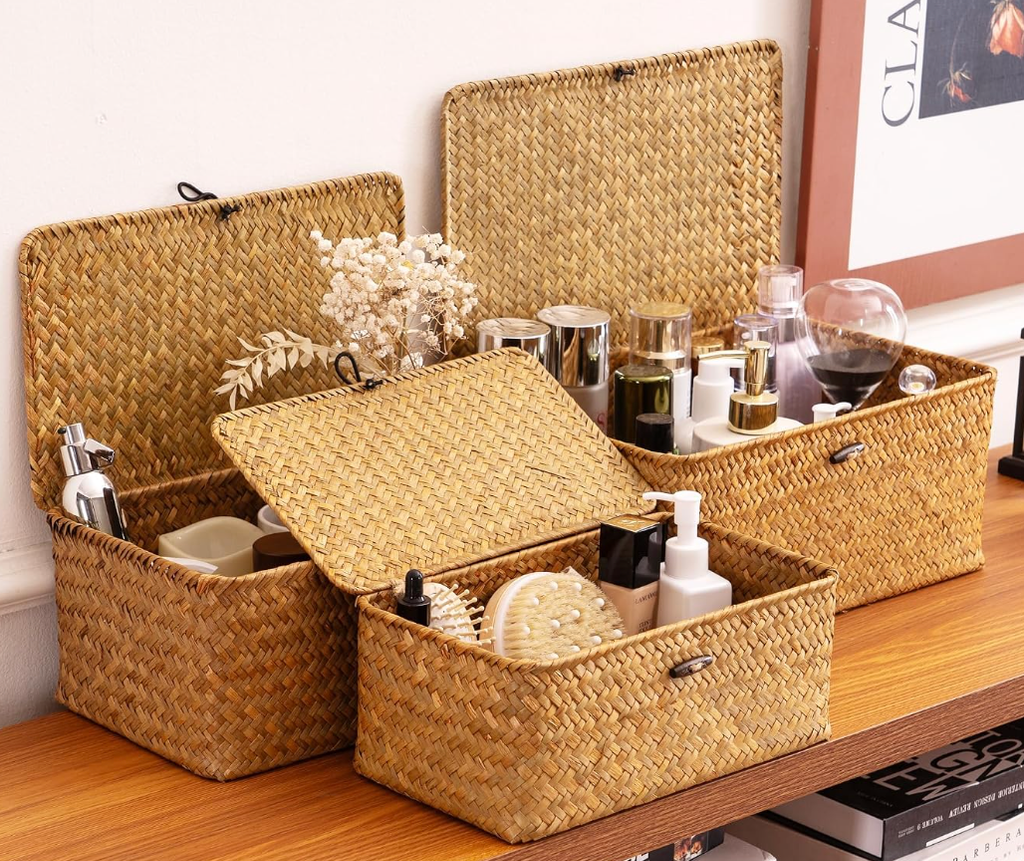 Set of 3 natural seagrass shelf baskets for coastal nursery