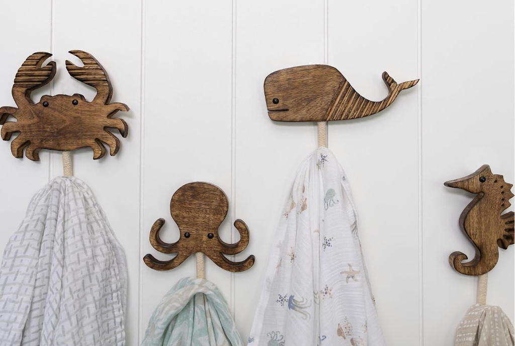 Solid wood sea creature wall hooks for coastal nursery decor
