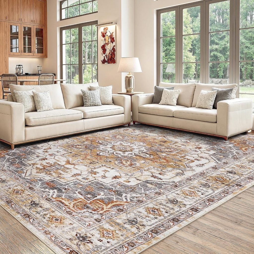 OEKO-TEX certified earthy boho washable area rug with non-slip backing