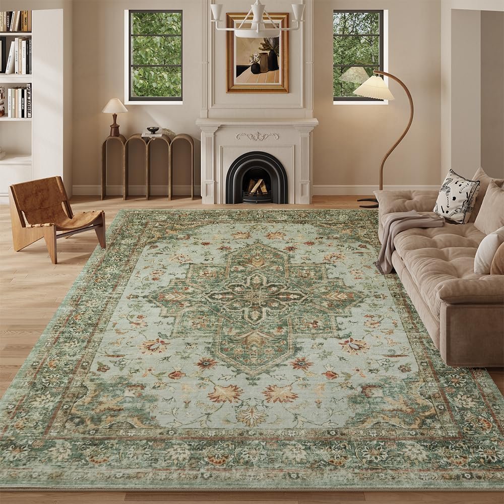 OEKO-TEX certified vintage green floral washable rug