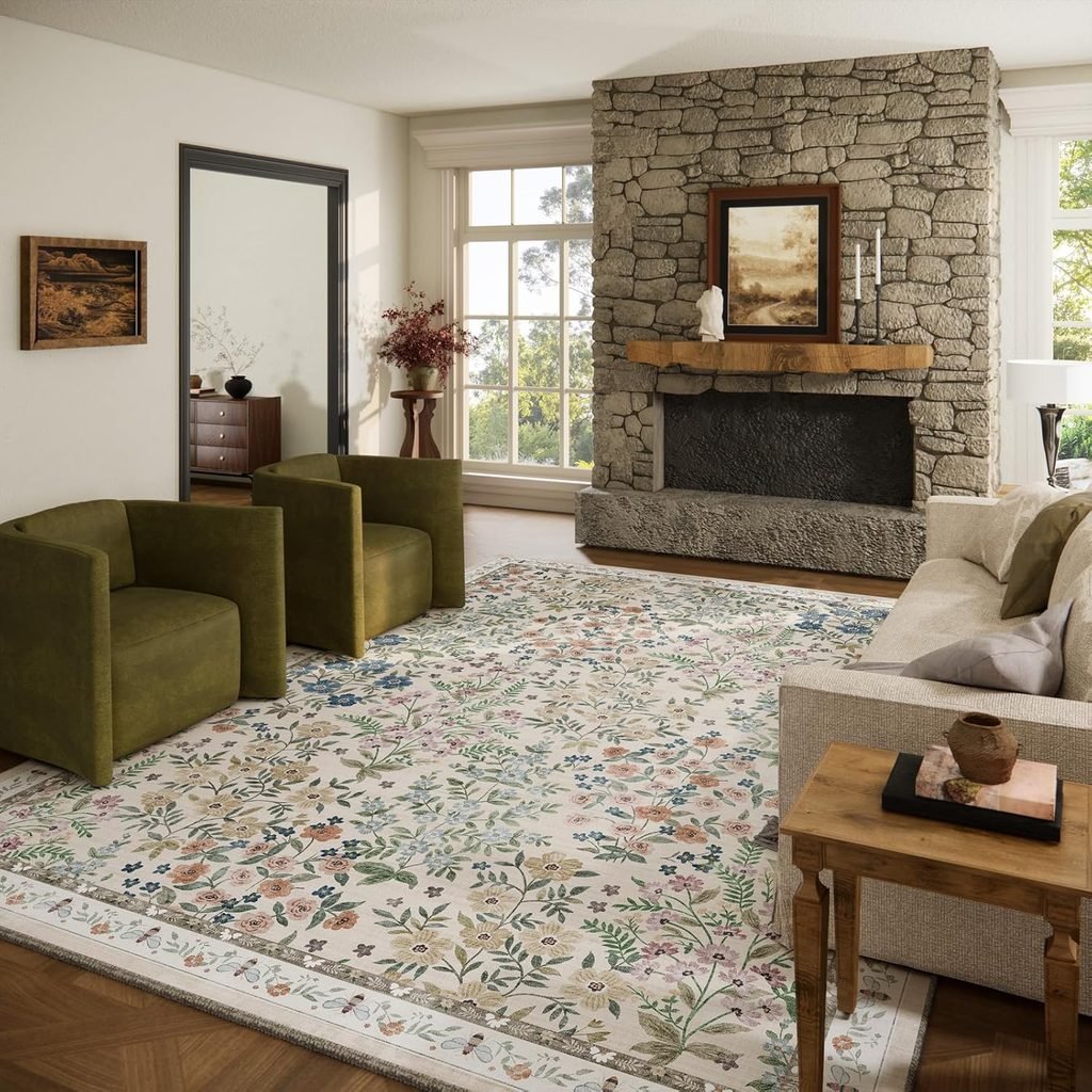 OEKO-TEX certified light beige farmhouse floral washable area rug