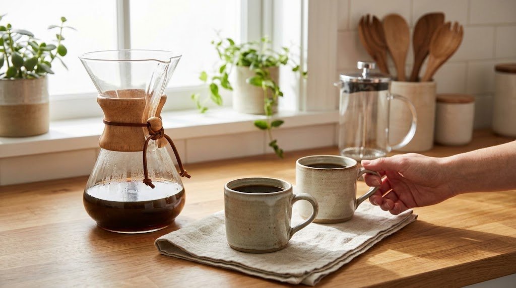 Non toxic coffee maker setup with Chemex glass pour-over brewer and ceramic mugs on kitchen counter