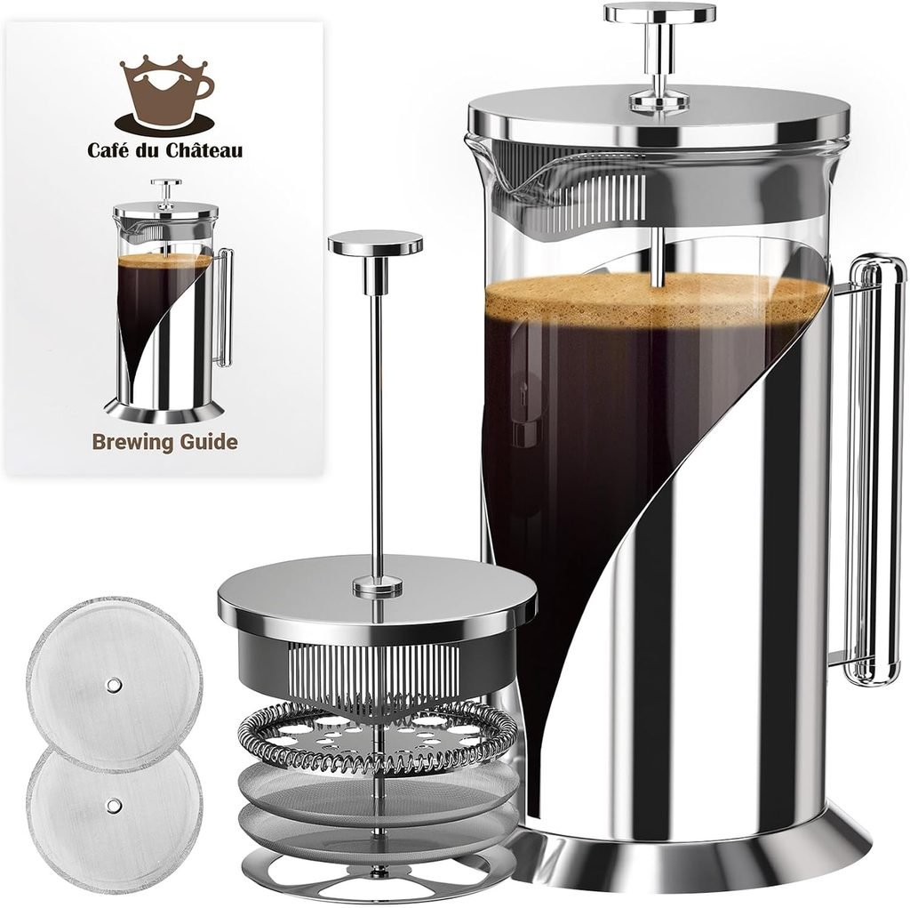 Glass French press coffee maker with stainless steel lid and plunger frame