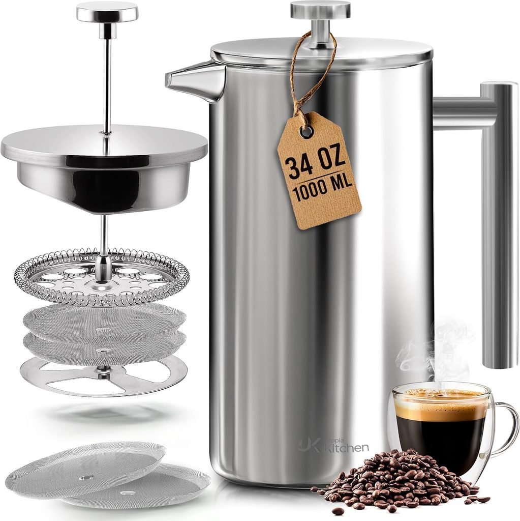 Double-wall insulated stainless steel French press coffee maker on a kitchen table