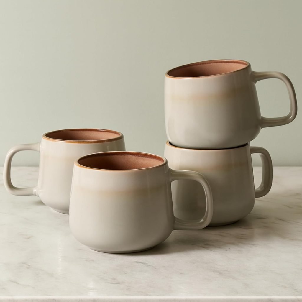 Handcrafted lead-free stoneware ceramic coffee mug filled with hot coffee
