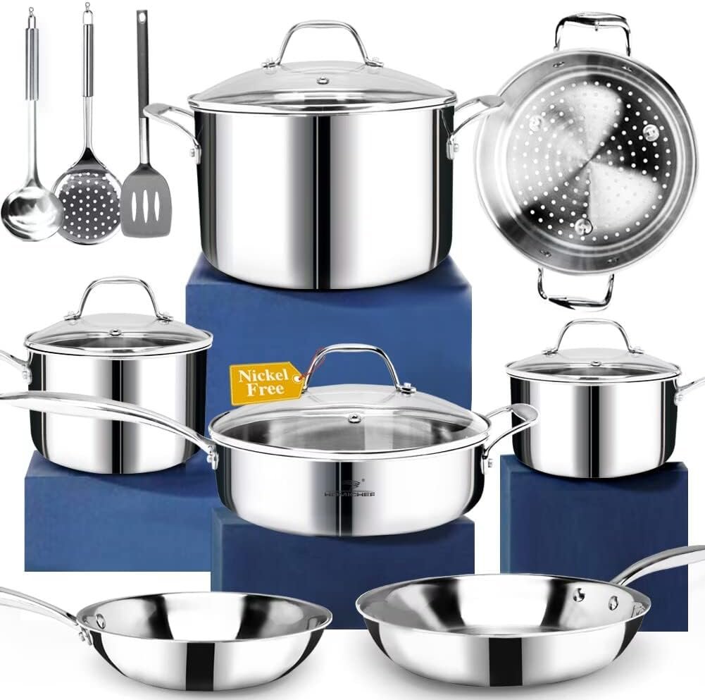 HOMICHEF nickel-free 18/0 3-ply stainless steel cookware set